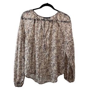 Black Tape Beige Blue Floral Paisley Sheer Peasant Top Long Sleeves Womens M
